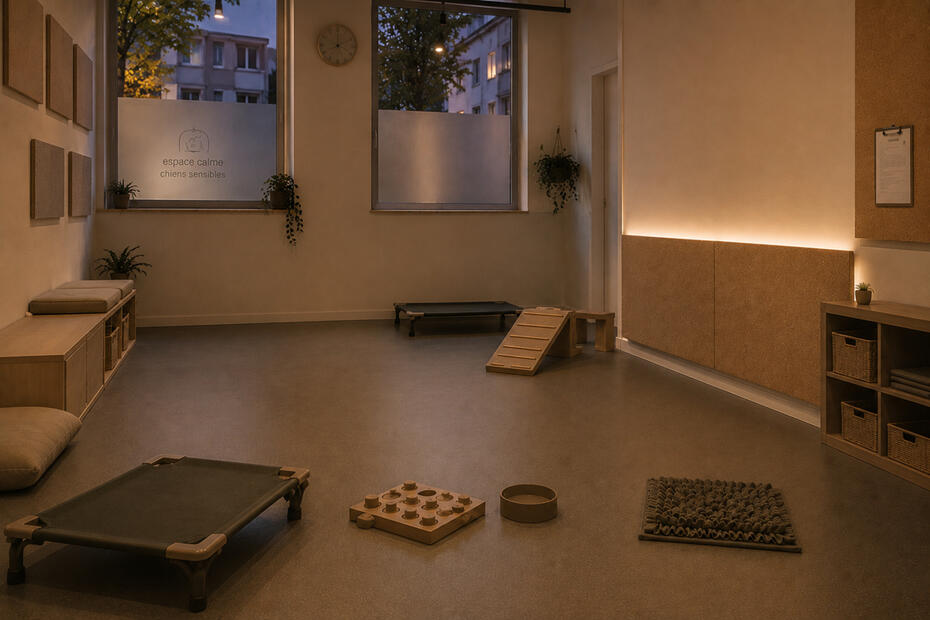 Visualisation d’un espace intérieur privé et apaisé pour chiens sensibles ou réactifs à Lyon