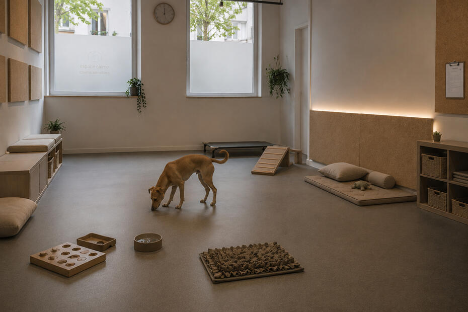 Espace intérieur privé et calme pour chiens réactifs ou anxieux à Lyon