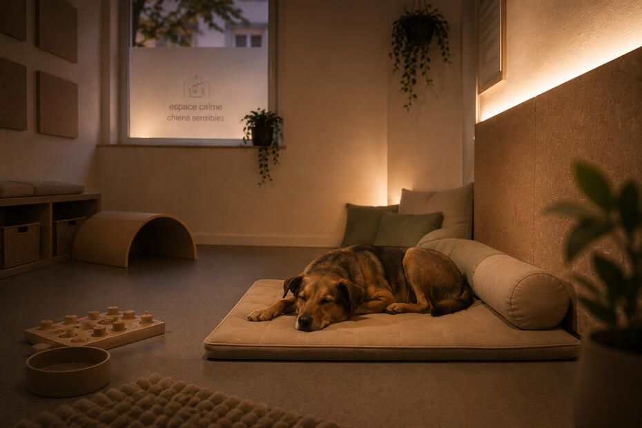 Chien se reposant dans un environnement intérieur calme et apaisant